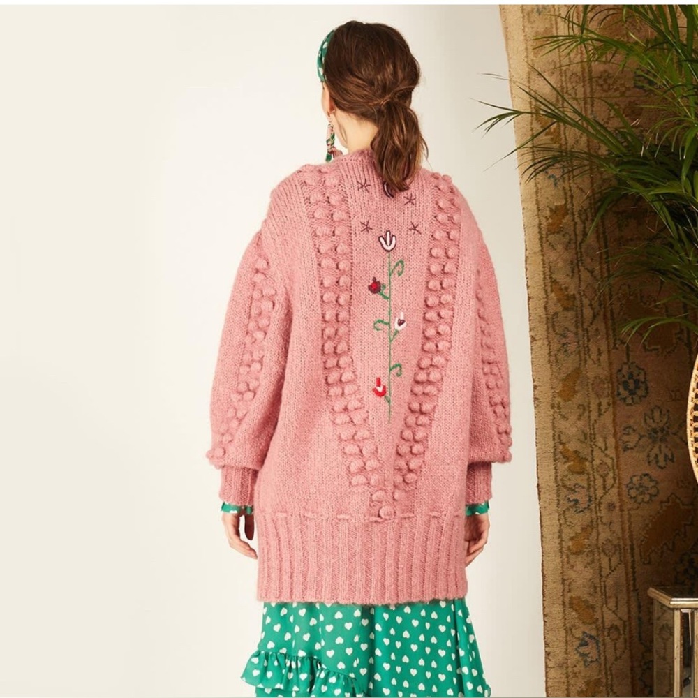 $650 Hayley Menzies Gloria Rose Mohair Midi Cardigan Pink Embroidered Small - Picture 2 of 9